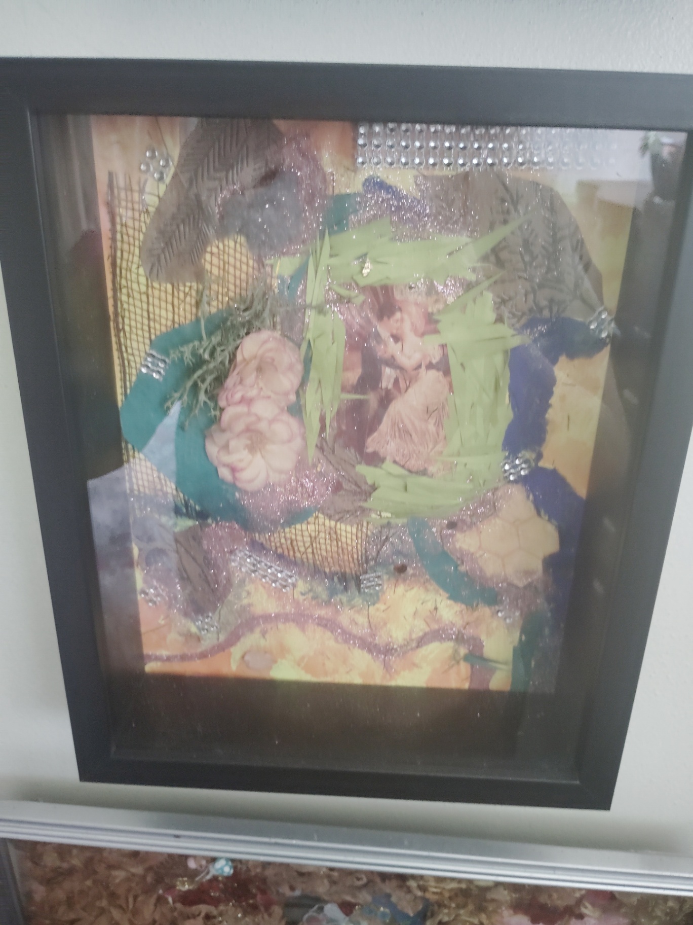 Framed mixed-media Cat Nap Inn artwork with soft flowers, glitter, layered paper, ribbon, and textured shapes
