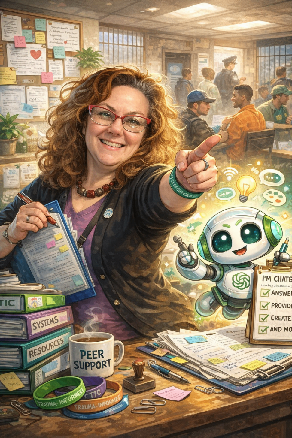 Briana at her desk with a friendly little AI helper hovering nearby — pointing the way to resources