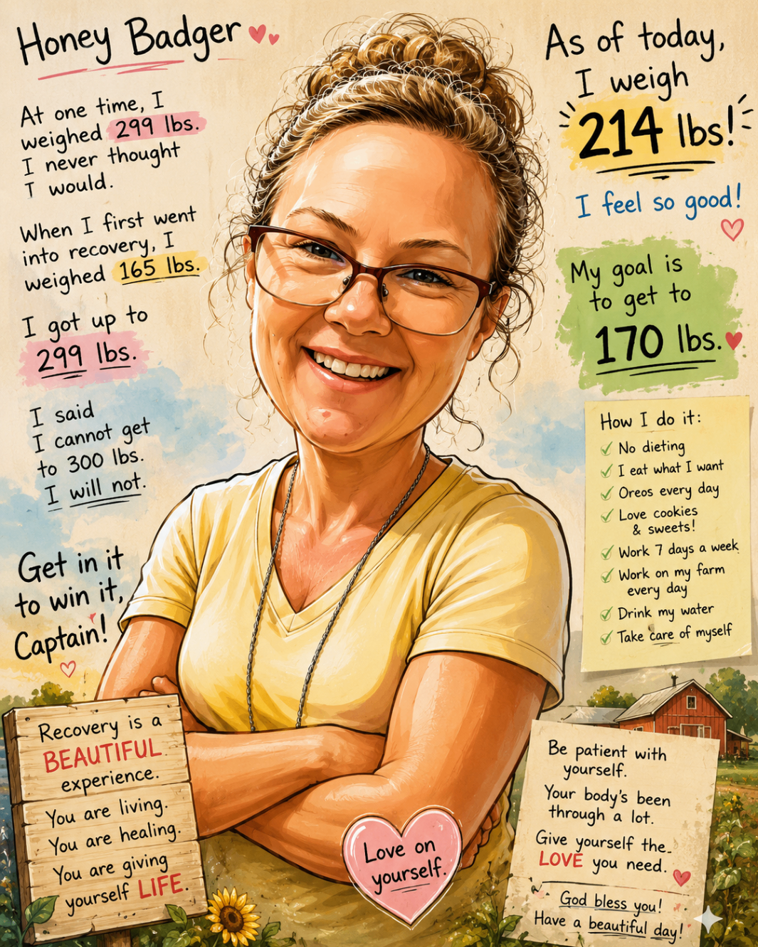 Briana — at one time I weighed 299 lbs, today I weigh 214 lbs. No dieting, eat what I want, Oreos every day, work my farm, drink my water, take care of myself. Recovery is a beautiful experience.