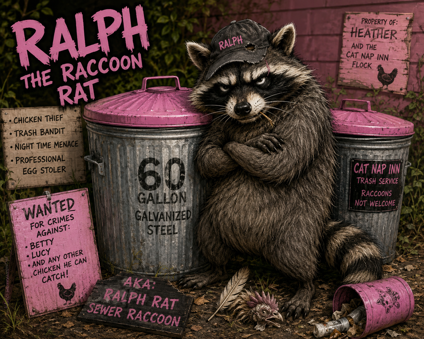 Mugshot-style wanted poster of Ralph the Raccoon Rat in a black RALPH ball cap, arms crossed, leaning against pink-lidded galvanized trash cans outside the Cat Nap Inn, with wanted signs listing crimes against Betty and Lucy