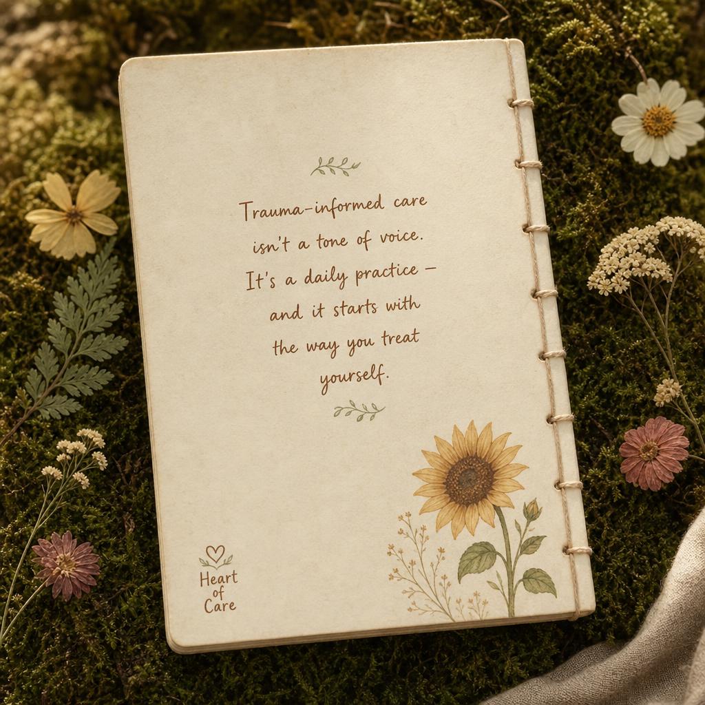 Tender Ground back cover with a hand-lettered quote about trauma-informed care being a daily practice, with a small sunflower and Heart of Care mark