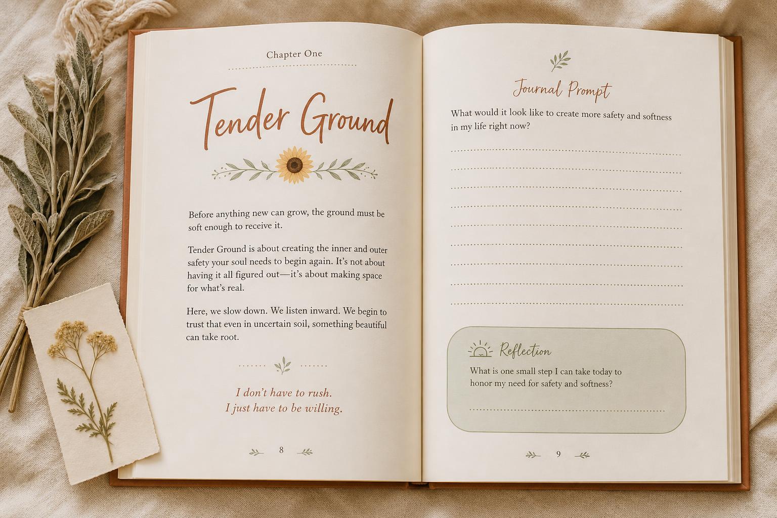 An open spread inside Tender Ground showing the Chapter One heading with a sunflower divider and a journal prompt page with dotted writing lines and a sage reflection box